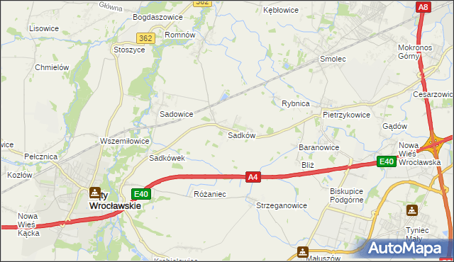 mapa Sadków gmina Kąty Wrocławskie, Sadków gmina Kąty Wrocławskie na mapie Targeo