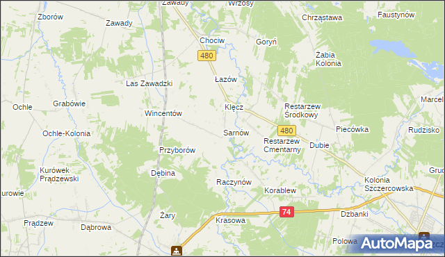 mapa Sarnów gmina Widawa, Sarnów gmina Widawa na mapie Targeo