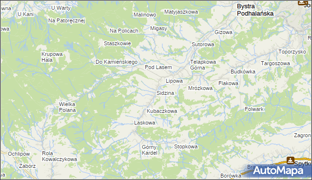 mapa Sidzina gmina Bystra-Sidzina, Sidzina gmina Bystra-Sidzina na mapie Targeo