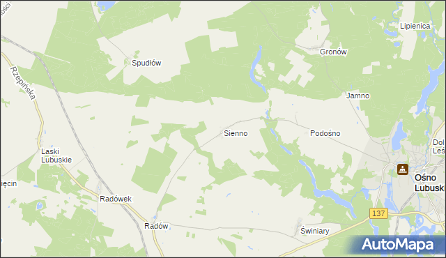 mapa Sienno gmina Ośno Lubuskie, Sienno gmina Ośno Lubuskie na mapie Targeo