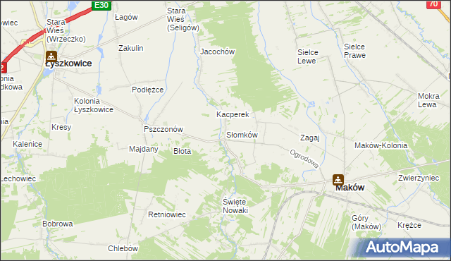 mapa Słomków gmina Maków, Słomków gmina Maków na mapie Targeo