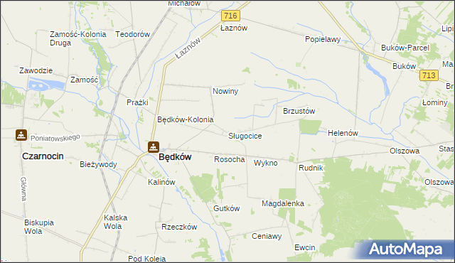 mapa Sługocice gmina Będków, Sługocice gmina Będków na mapie Targeo