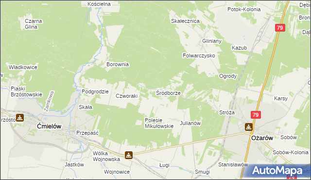 mapa Śródborze gmina Ożarów, Śródborze gmina Ożarów na mapie Targeo
