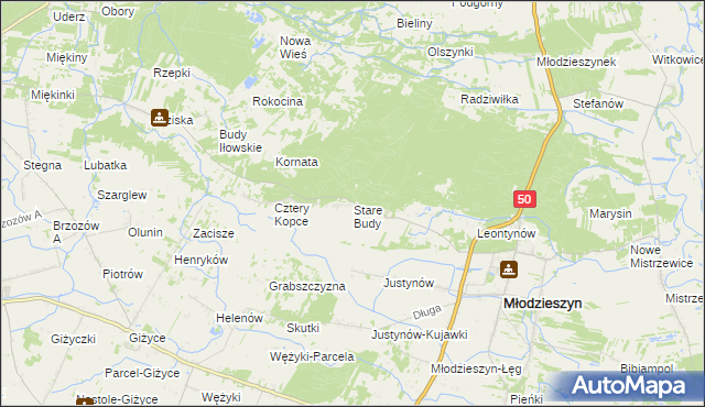 mapa Stare Budy gmina Młodzieszyn, Stare Budy gmina Młodzieszyn na mapie Targeo