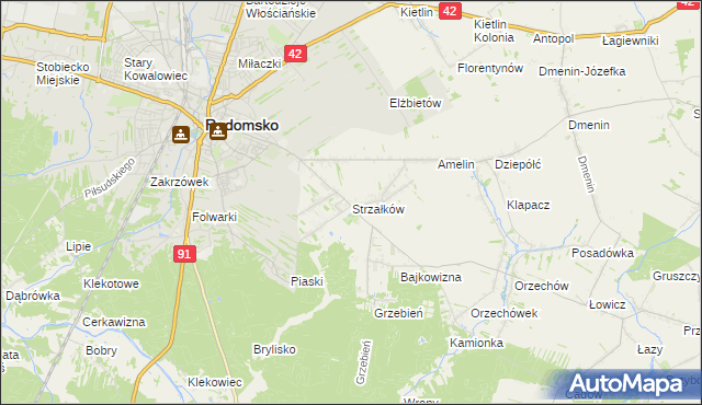 mapa Strzałków gmina Radomsko, Strzałków gmina Radomsko na mapie Targeo