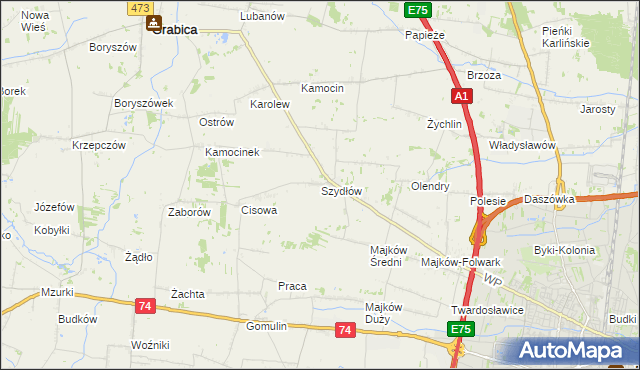 mapa Szydłów gmina Grabica, Szydłów gmina Grabica na mapie Targeo