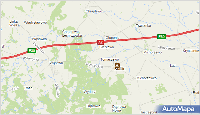 mapa Tomaszewo gmina Kuślin, Tomaszewo gmina Kuślin na mapie Targeo