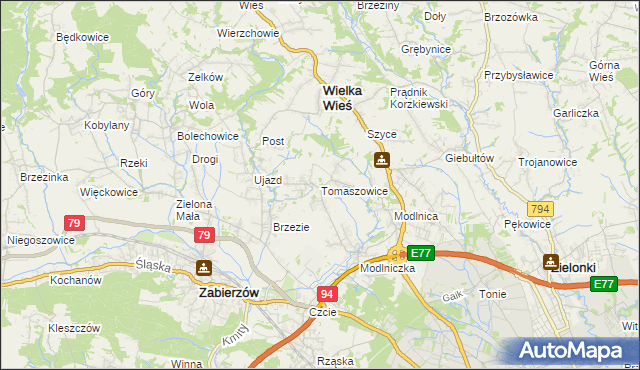 mapa Tomaszowice gmina Wielka Wieś, Tomaszowice gmina Wielka Wieś na mapie Targeo