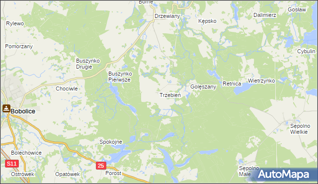mapa Trzebień gmina Bobolice, Trzebień gmina Bobolice na mapie Targeo