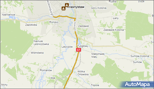 mapa Tuligłowy gmina Krasnystaw, Tuligłowy gmina Krasnystaw na mapie Targeo