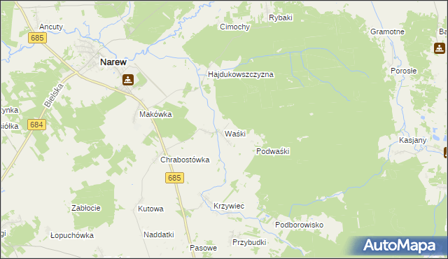 mapa Waśki gmina Narew, Waśki gmina Narew na mapie Targeo