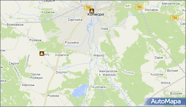 mapa Wąsosz gmina Koniecpol, Wąsosz gmina Koniecpol na mapie Targeo