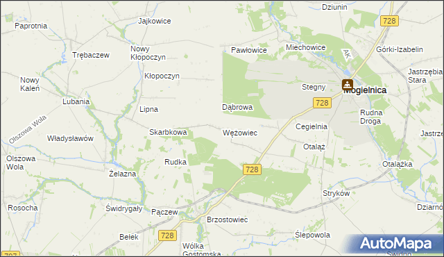 mapa Wężowiec gmina Mogielnica, Wężowiec gmina Mogielnica na mapie Targeo