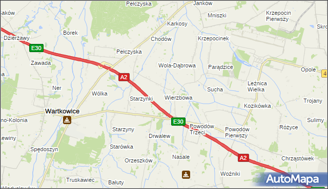 mapa Wierzbowa gmina Wartkowice, Wierzbowa gmina Wartkowice na mapie Targeo