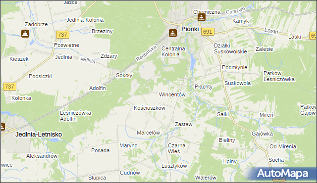 mapa Wincentów gmina Pionki, Wincentów gmina Pionki na mapie Targeo