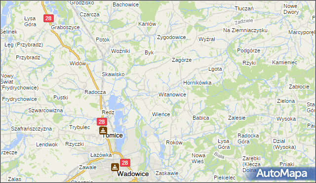 mapa Witanowice gmina Tomice, Witanowice gmina Tomice na mapie Targeo