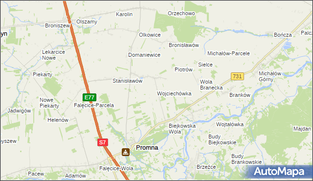 mapa Wojciechówka gmina Promna, Wojciechówka gmina Promna na mapie Targeo