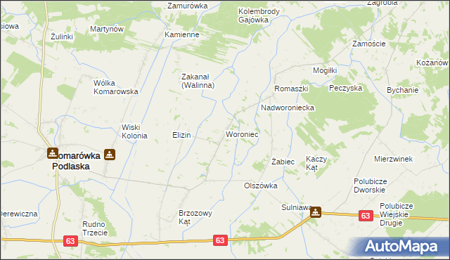 mapa Woroniec gmina Komarówka Podlaska, Woroniec gmina Komarówka Podlaska na mapie Targeo