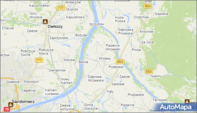 mapa Wrzawy gmina Gorzyce, Wrzawy gmina Gorzyce na mapie Targeo