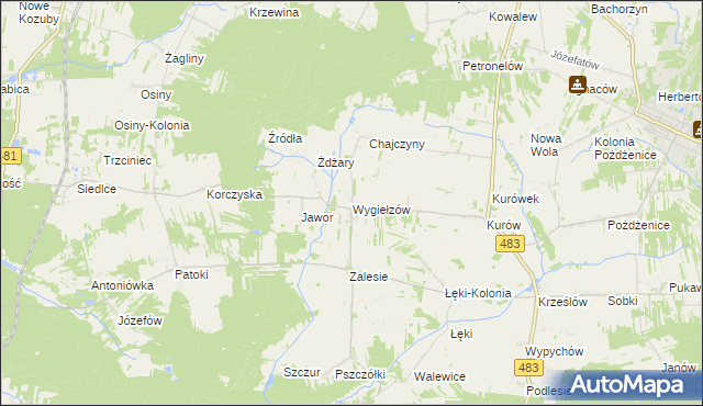 mapa Wygiełzów gmina Zelów, Wygiełzów gmina Zelów na mapie Targeo