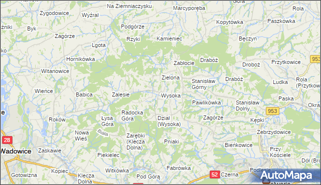 mapa Wysoka gmina Wadowice, Wysoka gmina Wadowice na mapie Targeo