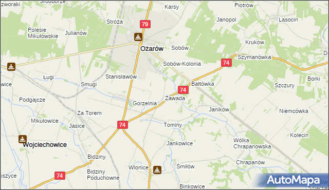 mapa Zawada gmina Ożarów, Zawada gmina Ożarów na mapie Targeo