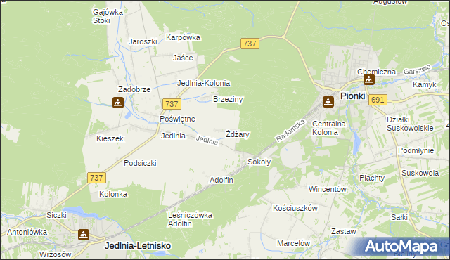 mapa Żdżary gmina Pionki, Żdżary gmina Pionki na mapie Targeo