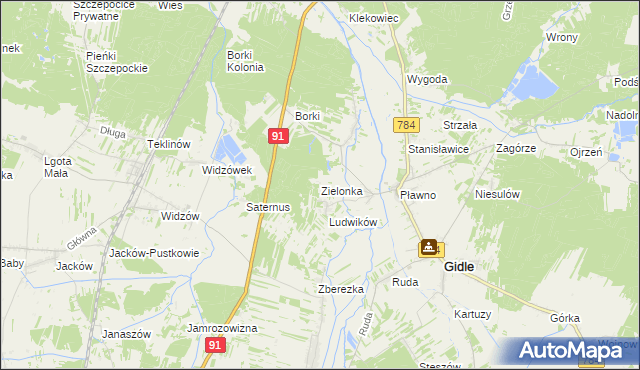 mapa Zielonka gmina Gidle, Zielonka gmina Gidle na mapie Targeo
