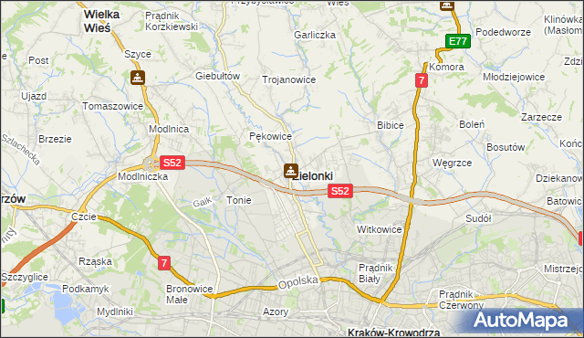 mapa Zielonki powiat krakowski, Zielonki powiat krakowski na mapie Targeo