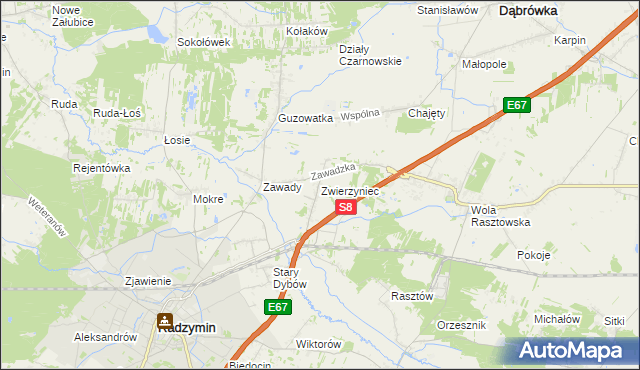 mapa Zwierzyniec gmina Radzymin, Zwierzyniec gmina Radzymin na mapie Targeo