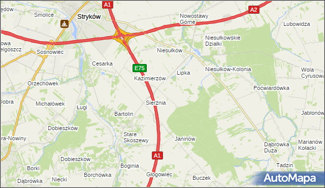 mapa Anielin gmina Stryków, Anielin gmina Stryków na mapie Targeo