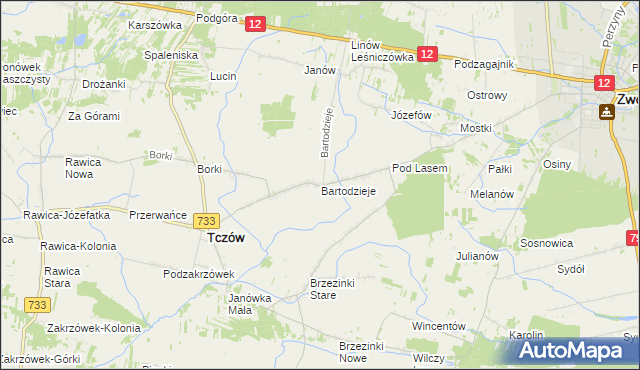 mapa Bartodzieje gmina Tczów, Bartodzieje gmina Tczów na mapie Targeo