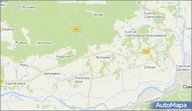 mapa Bukowiec gmina Czarnków, Bukowiec gmina Czarnków na mapie Targeo