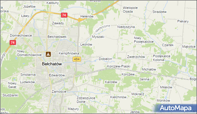 mapa Dobiecin gmina Bełchatów, Dobiecin gmina Bełchatów na mapie Targeo