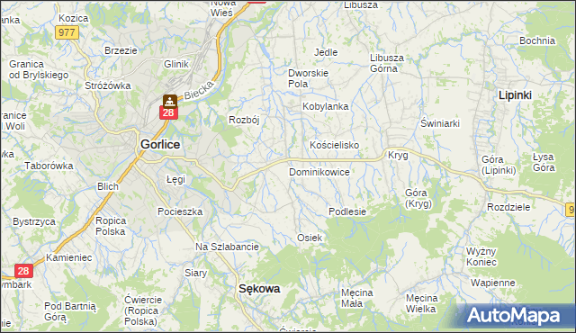 mapa Dominikowice gmina Gorlice, Dominikowice gmina Gorlice na mapie Targeo