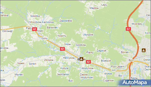 mapa Gostków gmina Bliżyn, Gostków gmina Bliżyn na mapie Targeo