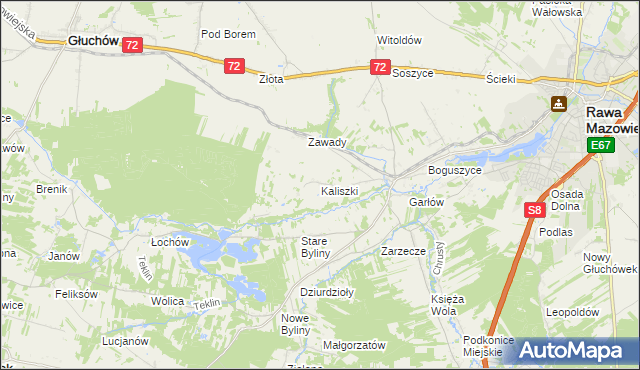 mapa Kaliszki gmina Rawa Mazowiecka, Kaliszki gmina Rawa Mazowiecka na mapie Targeo