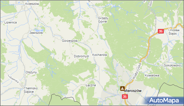 mapa Kochanów gmina Kamienna Góra, Kochanów gmina Kamienna Góra na mapie Targeo