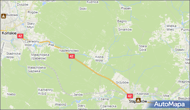 mapa Kozia Wola gmina Stąporków, Kozia Wola gmina Stąporków na mapie Targeo