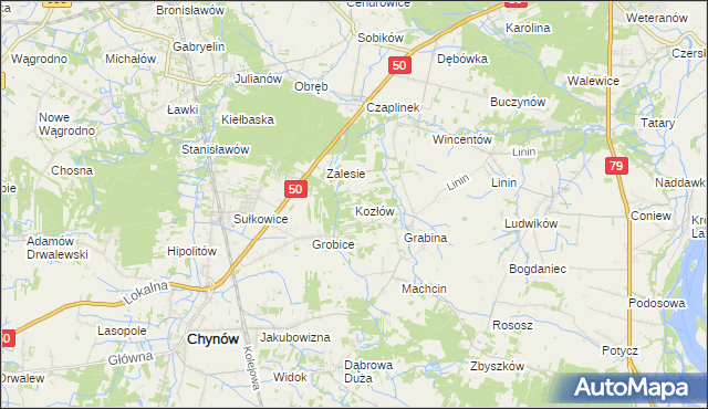 mapa Kozłów gmina Chynów, Kozłów gmina Chynów na mapie Targeo