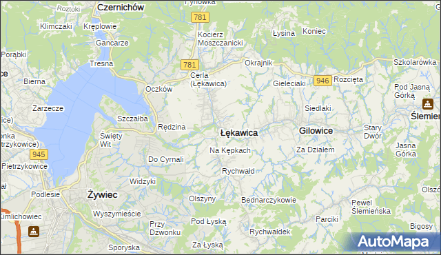 mapa Łękawica powiat żywiecki, Łękawica powiat żywiecki na mapie Targeo