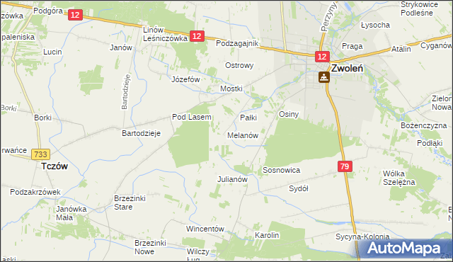 mapa Melanów gmina Zwoleń, Melanów gmina Zwoleń na mapie Targeo