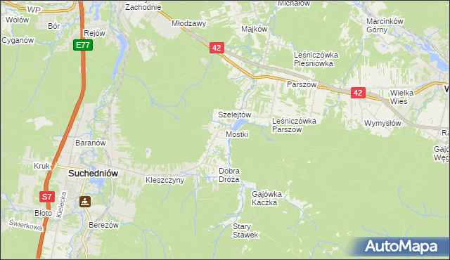 mapa Mostki gmina Suchedniów, Mostki gmina Suchedniów na mapie Targeo