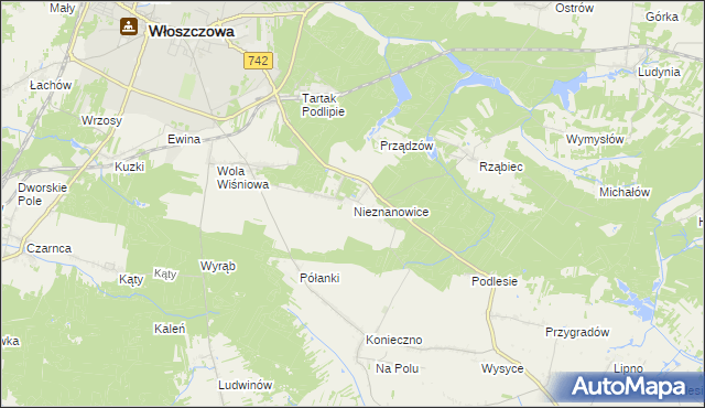 mapa Nieznanowice gmina Włoszczowa, Nieznanowice gmina Włoszczowa na mapie Targeo