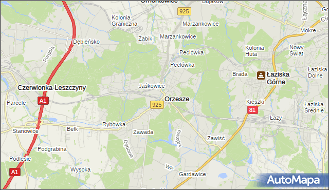 mapa Orzesze powiat mikołowski, Orzesze powiat mikołowski na mapie Targeo