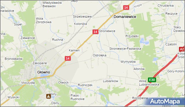 mapa Ostrołęka gmina Głowno, Ostrołęka gmina Głowno na mapie Targeo