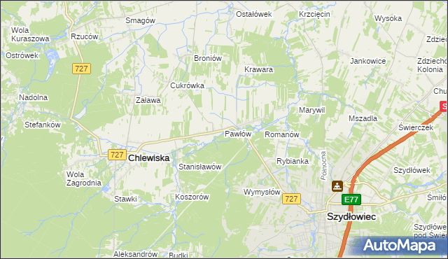 mapa Pawłów gmina Chlewiska, Pawłów gmina Chlewiska na mapie Targeo