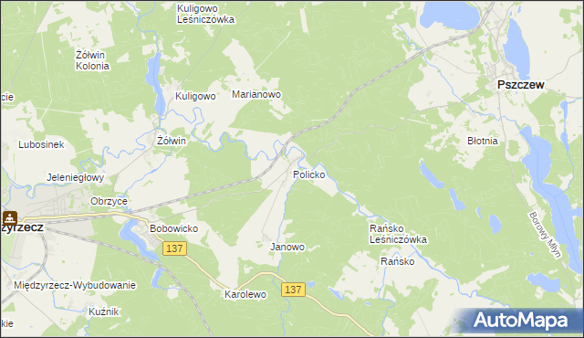 mapa Policko gmina Pszczew, Policko gmina Pszczew na mapie Targeo