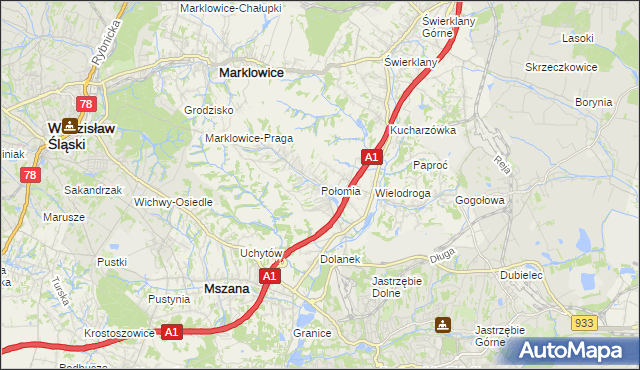 mapa Połomia gmina Mszana, Połomia gmina Mszana na mapie Targeo