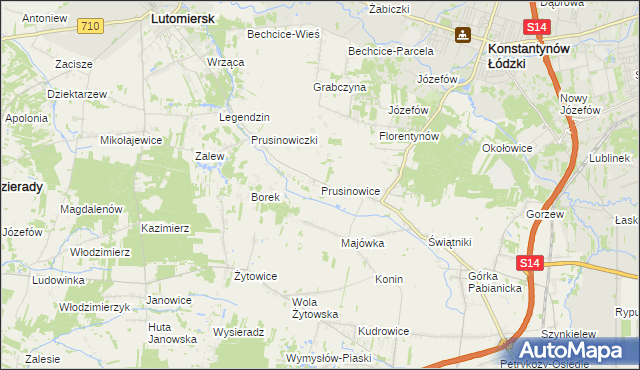 mapa Prusinowice gmina Lutomiersk, Prusinowice gmina Lutomiersk na mapie Targeo